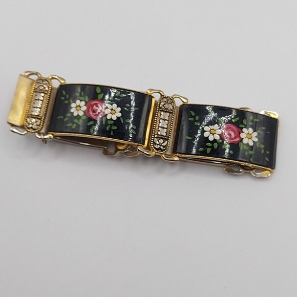 Vintage Hand Painted Floral Panel Bracelet Gold Tone Damascene Made in Spain - Picture 6 of 7
